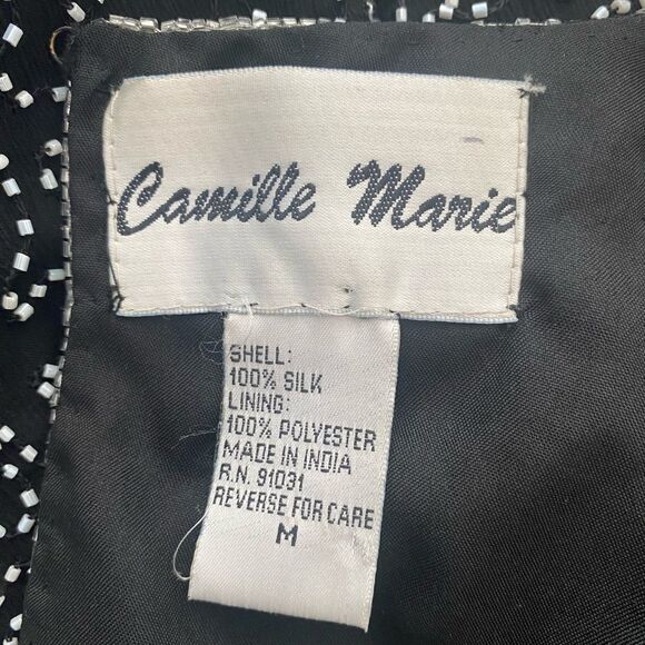 Camille Marie Vintage 100% Silk Beaded Blouse Short Sleeve Black Cream Size M - Picture 4 of 4